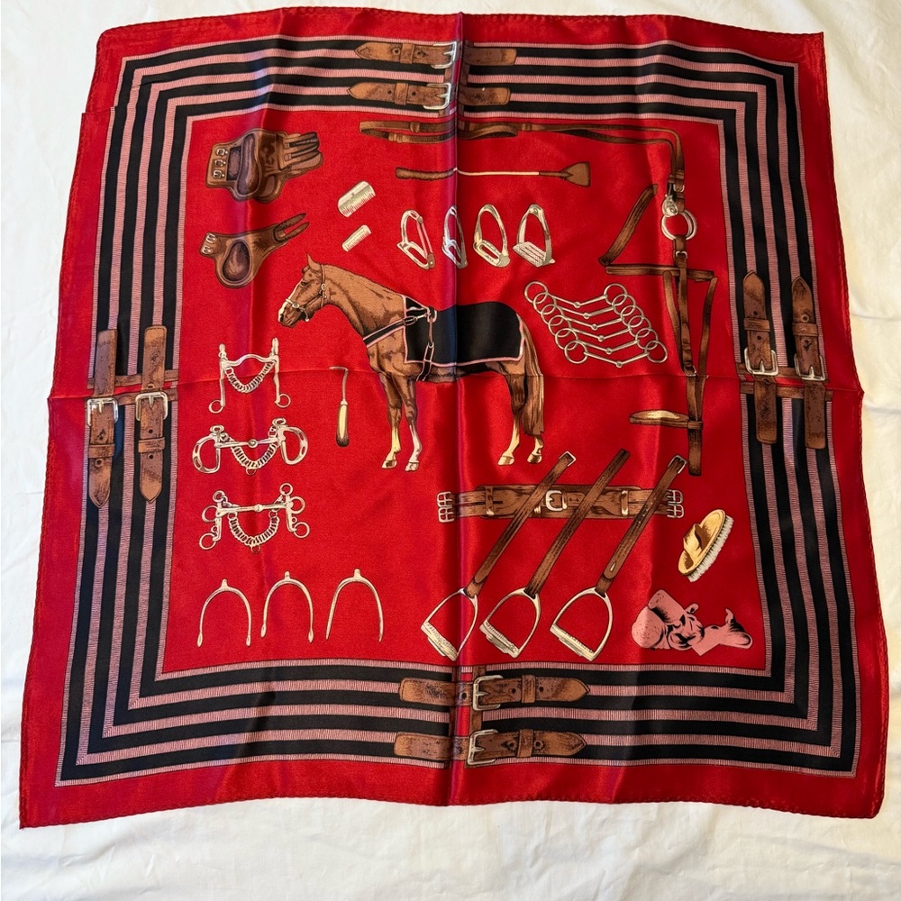 Vintage Red Equestrian Print Silk Scarf
